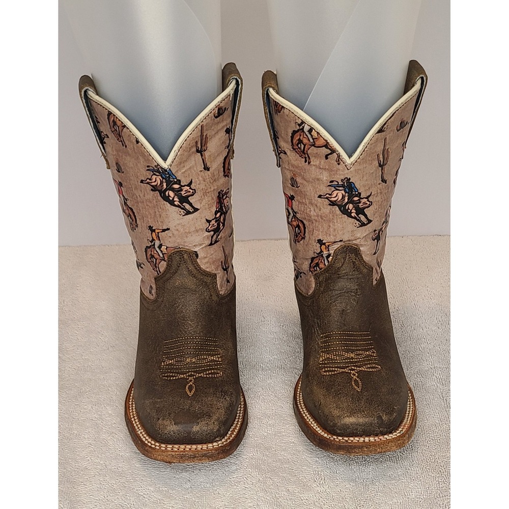 Roper Cowboy Boots Child's Size 9 Brown Leather Rodeo Print Square Toe Away Shoe